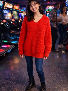 aerie Red V-Neck Plush Oversized Sweater